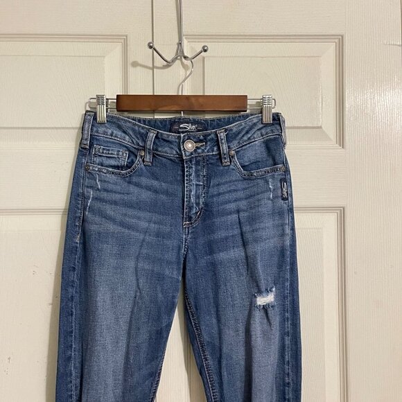 Silver Jeans Women's Dark Wash Distressed Stretch Mazy Skinny Jeans Size 26 29 - Picture 5 of 9
